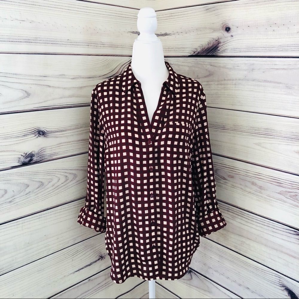 The Limited Ashton Burgundy Gingham Plaid Button Down Long Sleeve Shirt